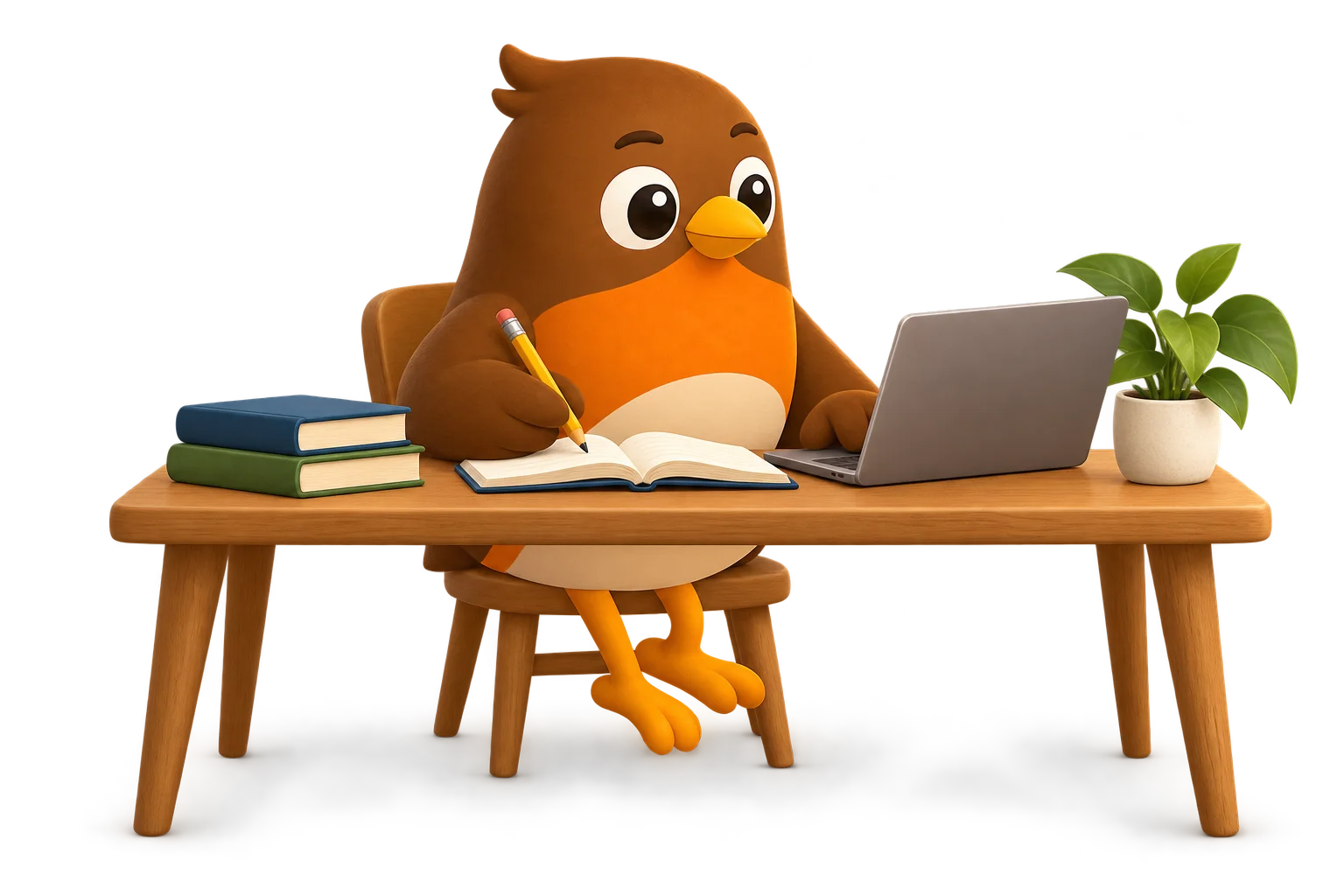 Sabiá estudando em uma mesa com notebook, livros e uma planta